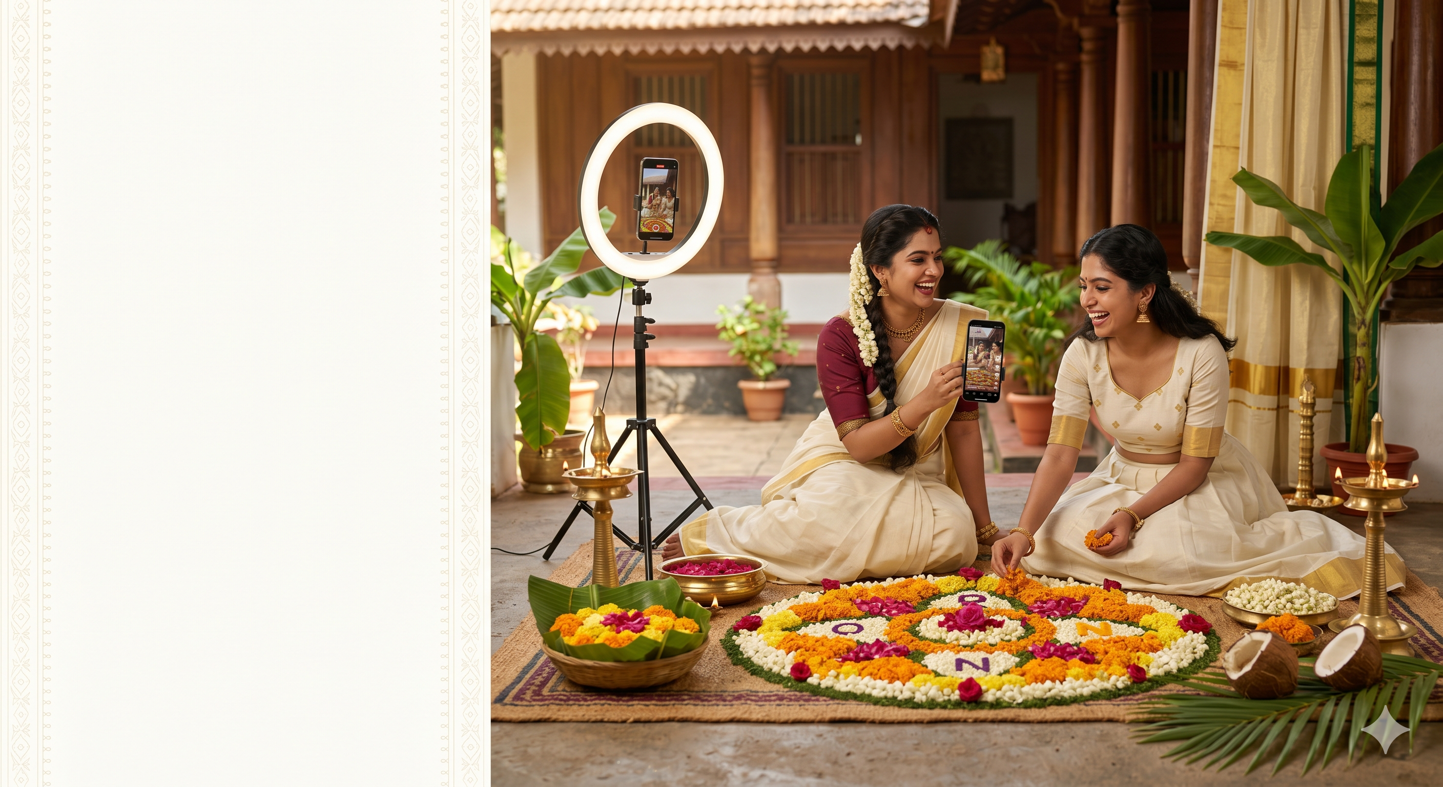 Two Kerala creators photographing an Onam brand campaign in a traditional courtyard with marigold garlands and pookalam