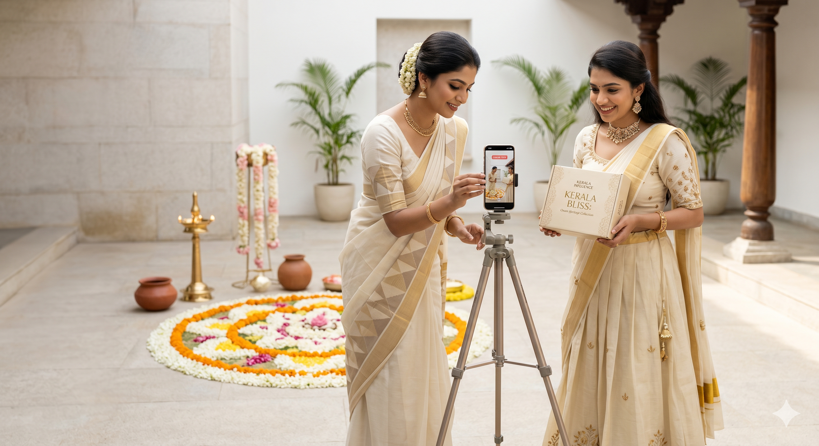 ഓണം banner — a pookalam on banana leaf with brass lamp and golden saree